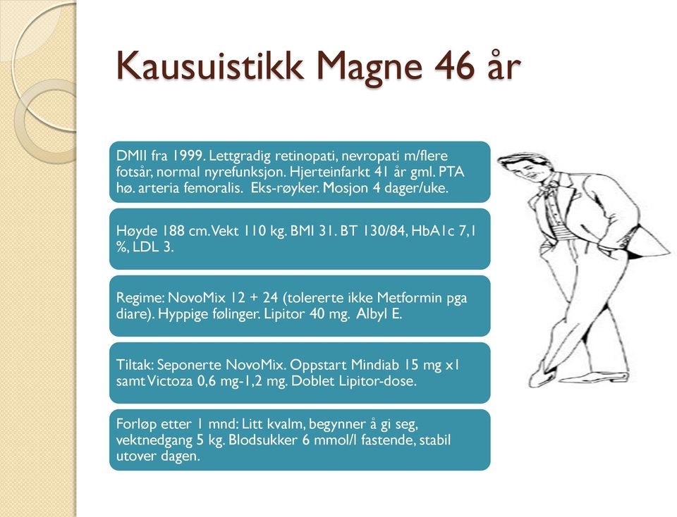 Regime: NovoMix 12 + 24 (tolererte ikke Metformin pga diare). Hyppige følinger. Lipitor 40 mg. Albyl E. Tiltak: Seponerte NovoMix.