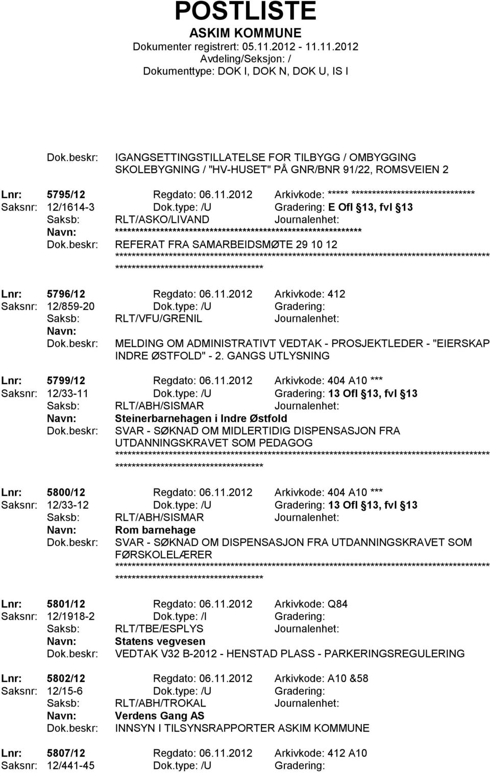 type: /U Gradering: E Ofl 13, fvl 13 Saksb: RLT/ASKO/LIVAND Journalenhet: ************************ REFERAT FRA SAMARBEIDSMØTE 29 10 12 ******************* Lnr: 5796/12 Regdato: 06.11.