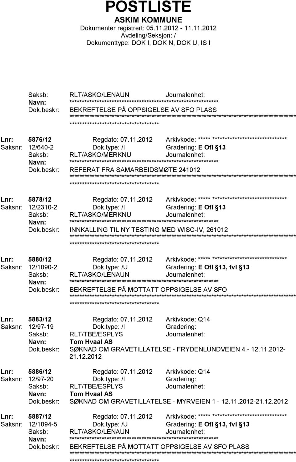 type: /I Gradering: E Ofl 13 Saksb: RLT/ASKO/MERKNU Journalenhet: ************************ REFERAT FRA SAMARBEIDSMØTE 241012 ******************* Lnr: 5878/12 Regdato: 07.11.