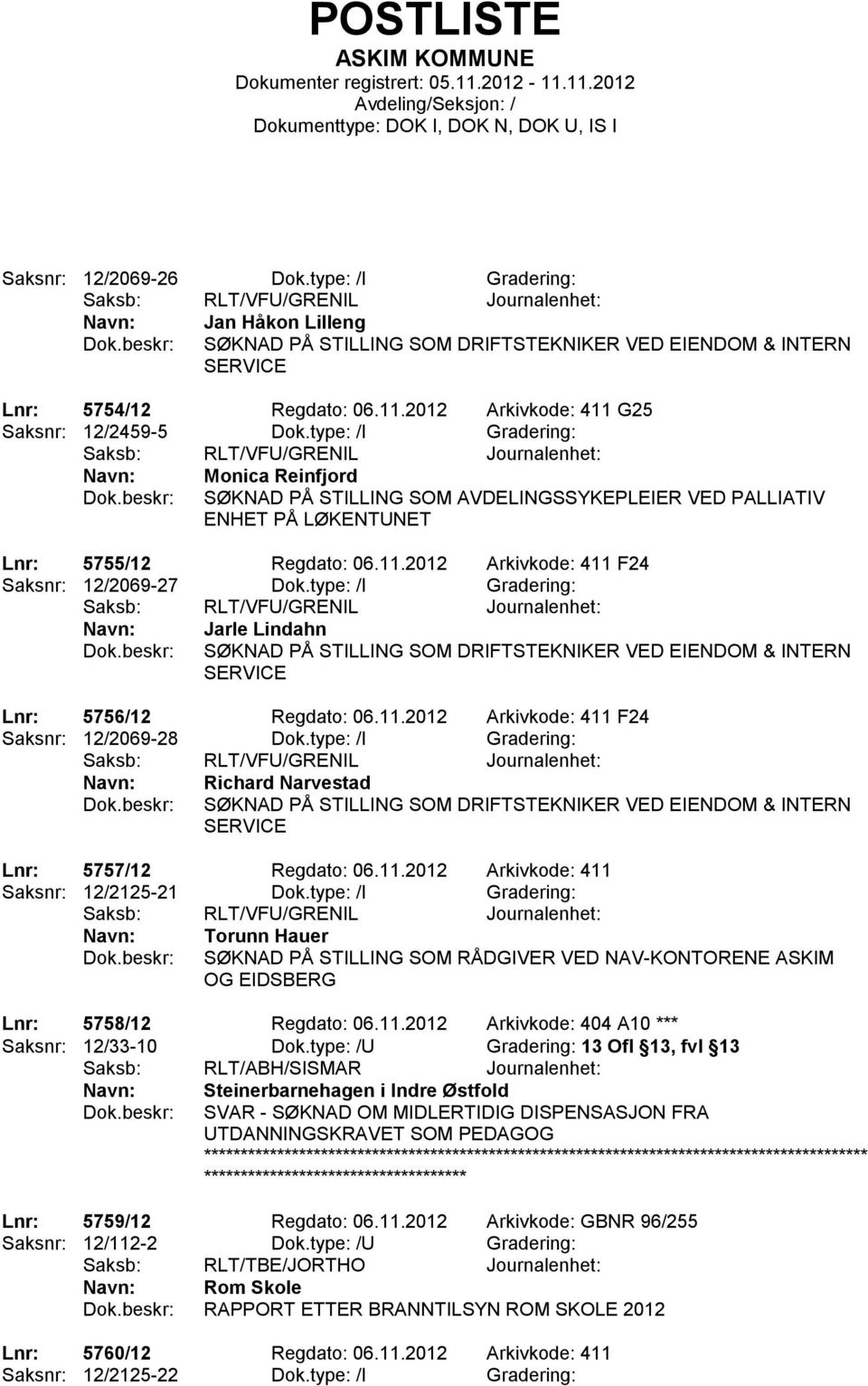 type: /I Gradering: Jarle Lindahn SØKNAD PÅ STILLING SOM DRIFTSTEKNIKER VED EIENDOM & INTERN Lnr: 5756/12 Regdato: 06.11.2012 Arkivkode: 411 F24 Saksnr: 12/2069-28 Dok.