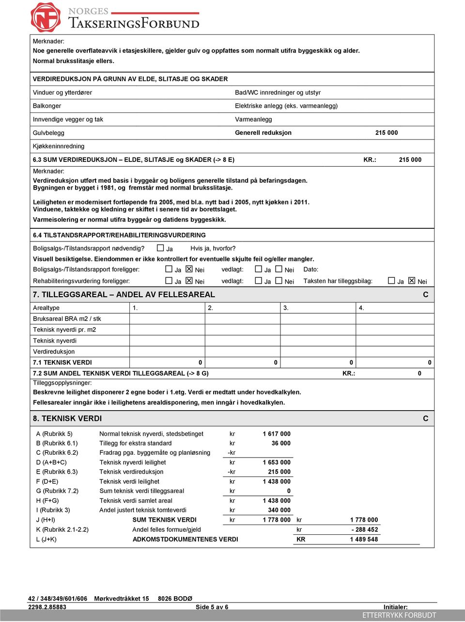 varmeanlegg) Varmeanlegg Gulvbelegg Generell reduksjon 215 000 Kjøkkeninnredning 6.3 SUM VERDIREDUKSJON ELDE, SLITASJE og SKADER (-> 8 E) KR.