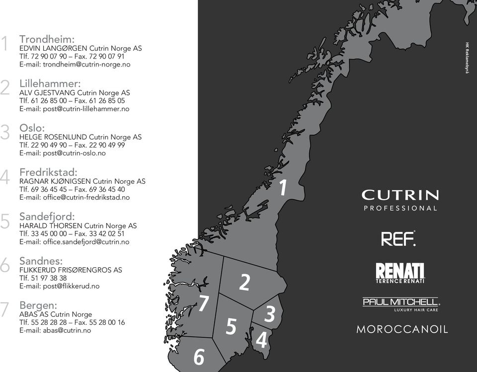 no Fredrikstad: RAGNAR KJØNIGSEN Cutrin Norge AS Tlf. 69 36 45 45 Fax. 69 36 45 40 E-mail: office@cutrin-fredrikstad.no Sandefjord: HARALD THORSEN Cutrin Norge AS Tlf. 33 45 00 00 Fax.