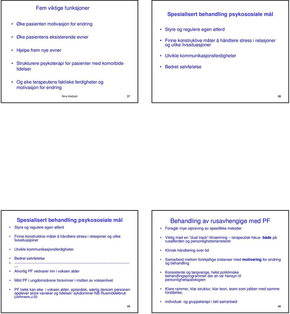 terapeutens faktiske ferdigheter og motivasjon for endring Nina Arefjord 37 38 Spesialisert behandling psykososiale mål Styre og regulere egen atferd Finne konstruktive måter å håndtere stress i