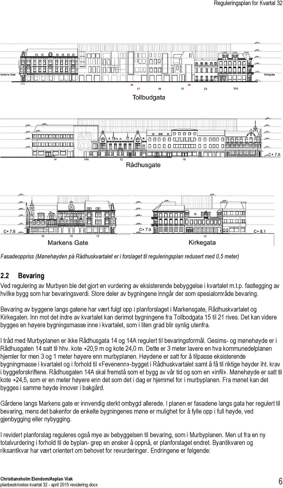 Store deler av bygningene inngår der som spesialområde bevaring. Bevaring av byggene langs gatene har vært fulgt opp i planforslaget i Markensgate, Rådhuskvartalet og Kirkegaten.