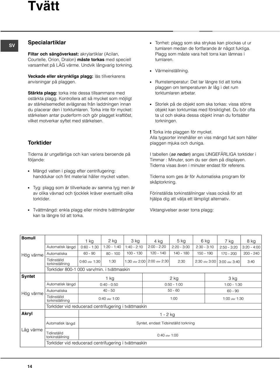 Kontrollera att så mycket som möjligt av stärkelsemedlet avlägsnas från laddningen innan du placerar den i torktumlaren.