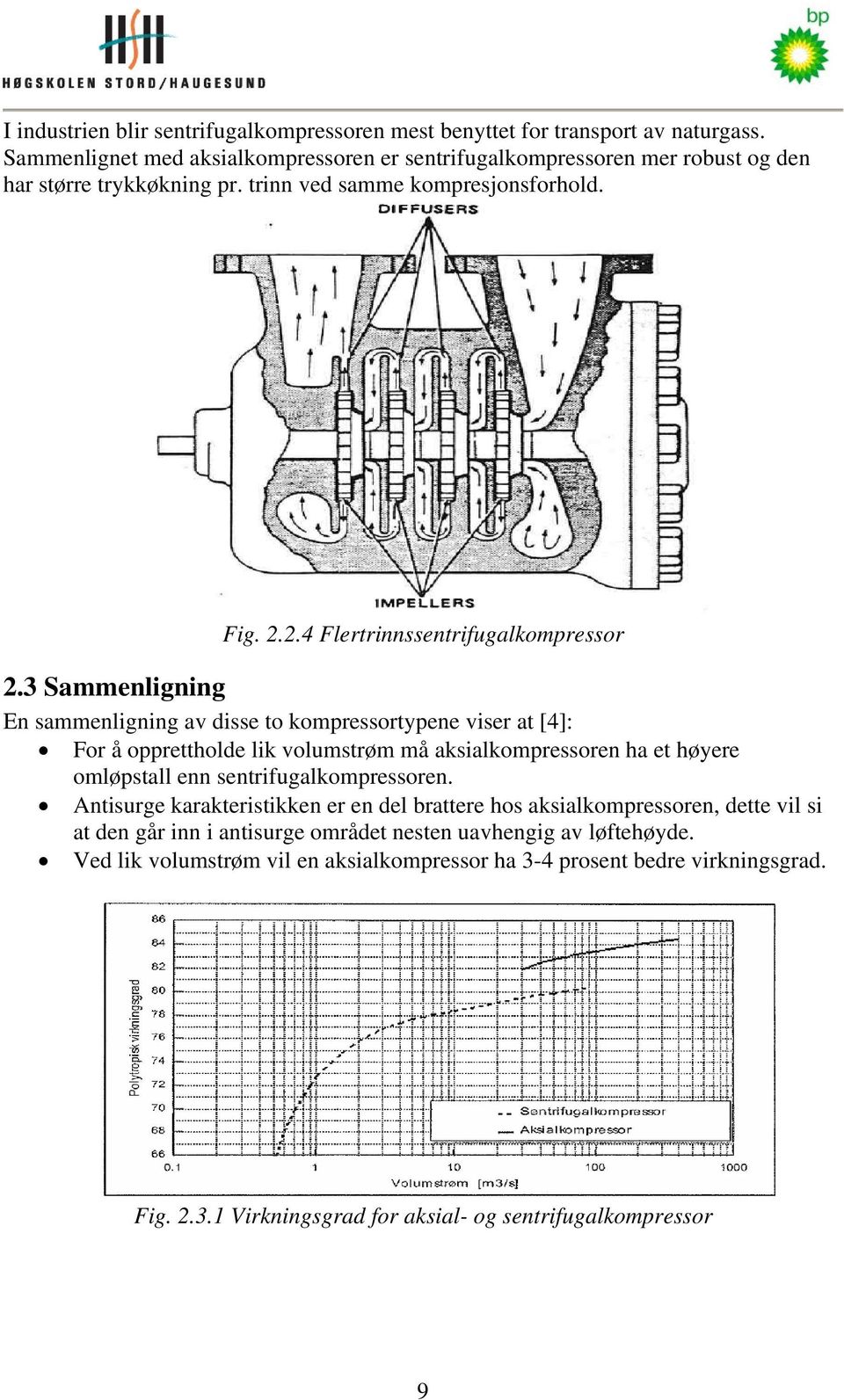 3 Sammenligning En sammenligning av disse to kompressortypene viser at [4]: For å opprettholde lik volumstrøm må aksialkompressoren ha et høyere omløpstall enn sentrifugalkompressoren.