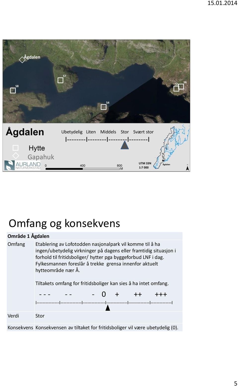 Fylkesmannen foreslår å trekke grensa innenfor aktuelt hytteområde nær Å. Tiltakets omfang for fritidsboliger kan sies å ha intet omfang.