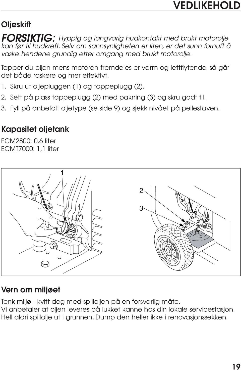 Tapper du oljen mens motoren fremdeles er varm og lettflytende, så går det både raskere og mer effektivt.. Skru ut oljepluggen () og tappeplugg (2). 2.