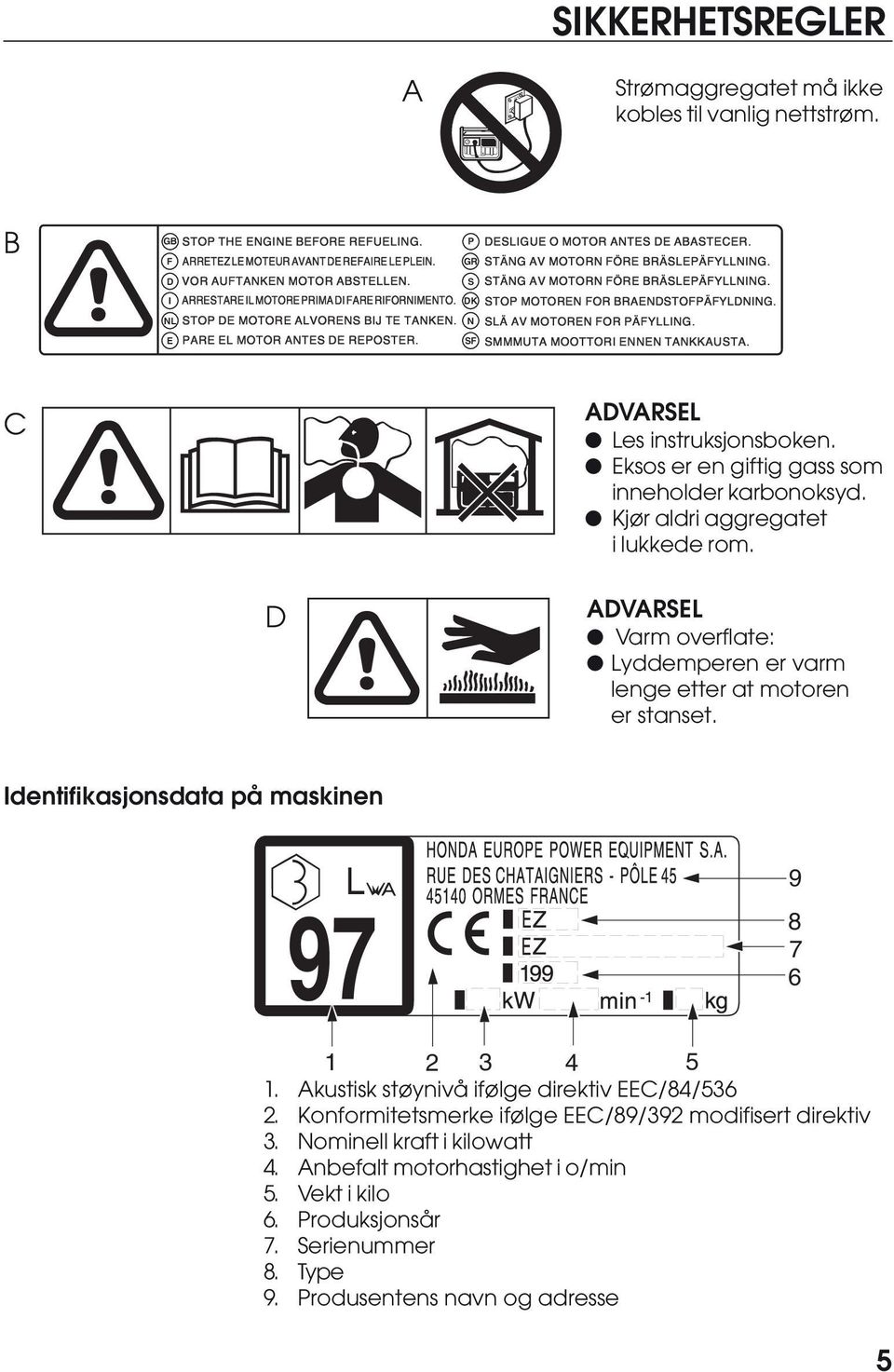 DK STOP MOTOREN FOR BRAENDSTOFPÄFYLDNING. NL STOP DE MOTORE ALVORENS BIJ TE TANKEN. N SLÄ AV MOTOREN FOR PÄFYLLING. E PARE EL MOTOR ANTES DE REPOSTER. SF SMMMUTA MOOTTORI ENNEN TANKKAUSTA.