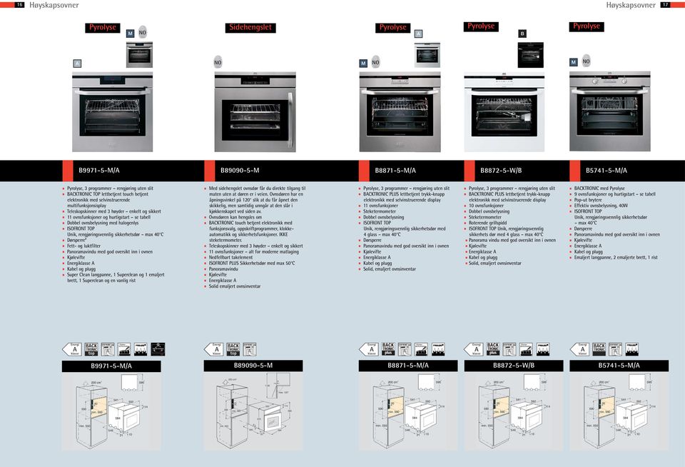 max 40 C Dørsperre* Fett- og luktfilter Panoramavindu med god oversikt inn i ovnen Kabel og plugg Super Clean langpanne, 1 Superclean og 1 emaljert brett, 1 Superclean og en vanlig rist B89090-5- ed