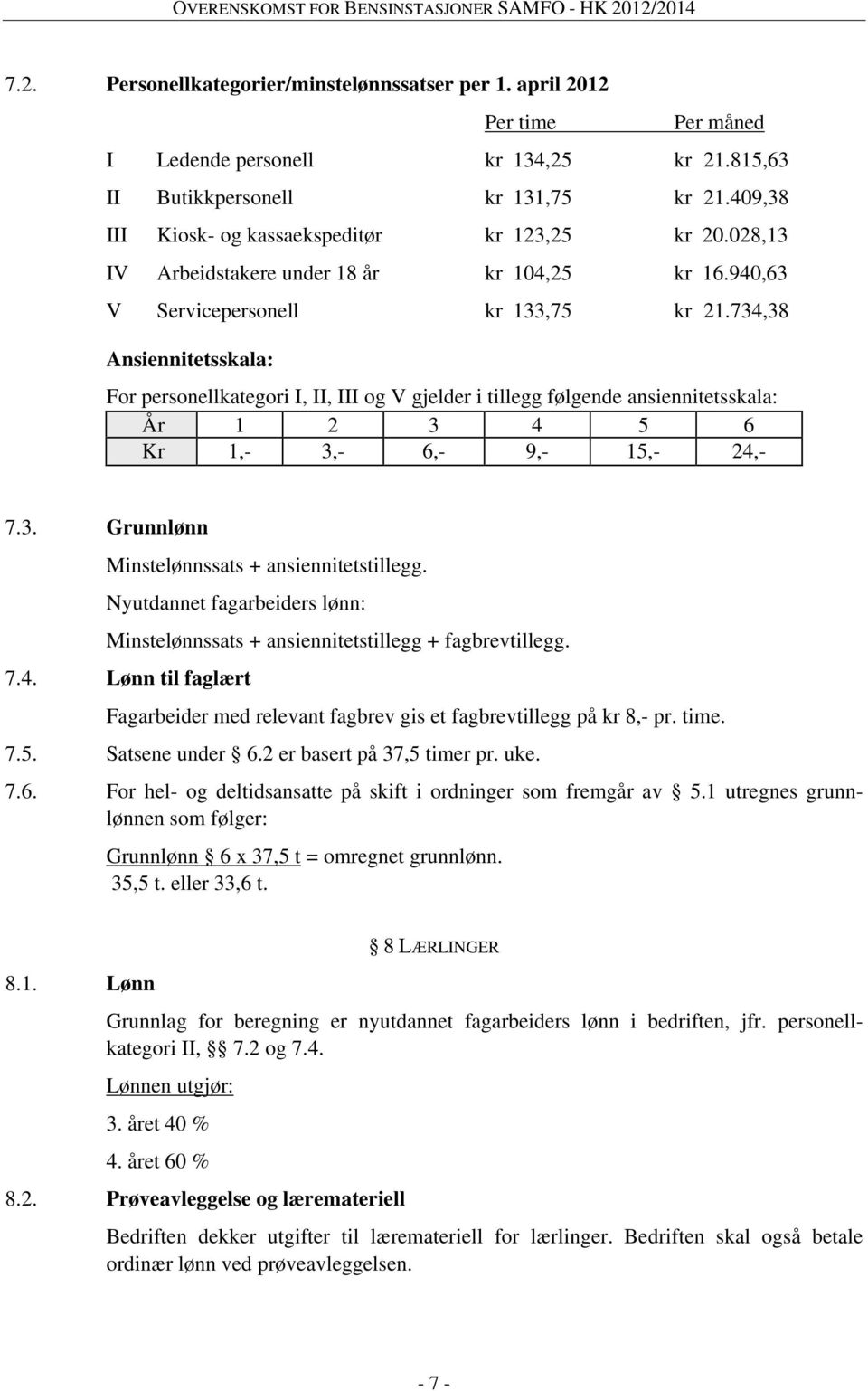 734,38 Ansiennitetsskala: For personellkategori I, II, III og V gjelder i tillegg følgende ansiennitetsskala: År 1 2 3 4 5 6 Kr 1,- 3,- 6,- 9,- 15,- 24,- 7.3. Grunnlønn Minstelønnssats + ansiennitetstillegg.