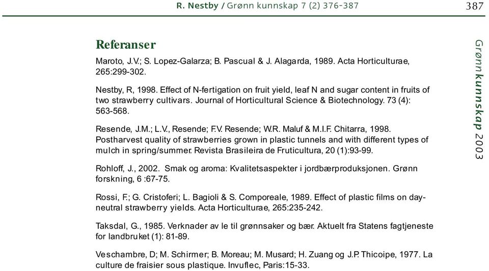 , Resende; F.V. Resende; W.R. Maluf & M.I.F. Chitarra, 1998. Postharvest quality of strawberries grown in plastic tunnels and with different types of mulch in spring/summer.