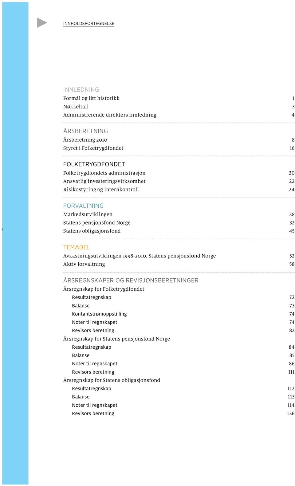 Temadel Avkastningsutviklingen 1998-2010, Statens pensjonsfond Norge 52 Aktiv forvaltning 58 Årsregnskaper og revisjonsberetninger Årsregnskap for Folketrygdfondet Resultatregnskap 72 Balanse 73