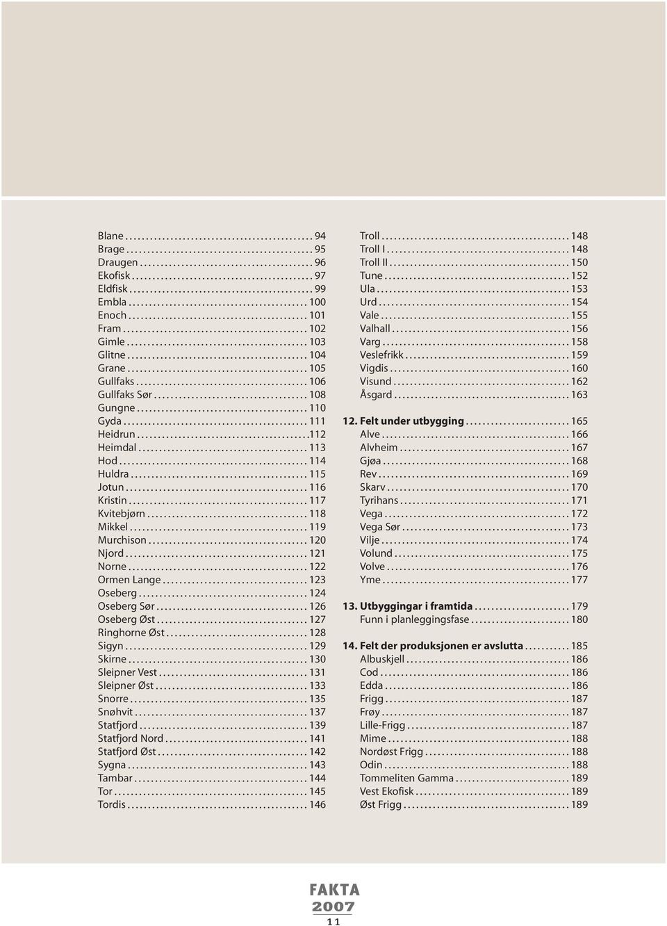 Øst 133 Snorre 135 Snøhvit 137 Statfjord 139 Statfjord Nord 141 Statfjord Øst 142 Sygna 143 Tambar 144 Tor 145 Tordis 146 Troll 148 Troll I 148 Troll II 15 Tune 152 Ula 153 Urd 154 Vale 155 Valhall