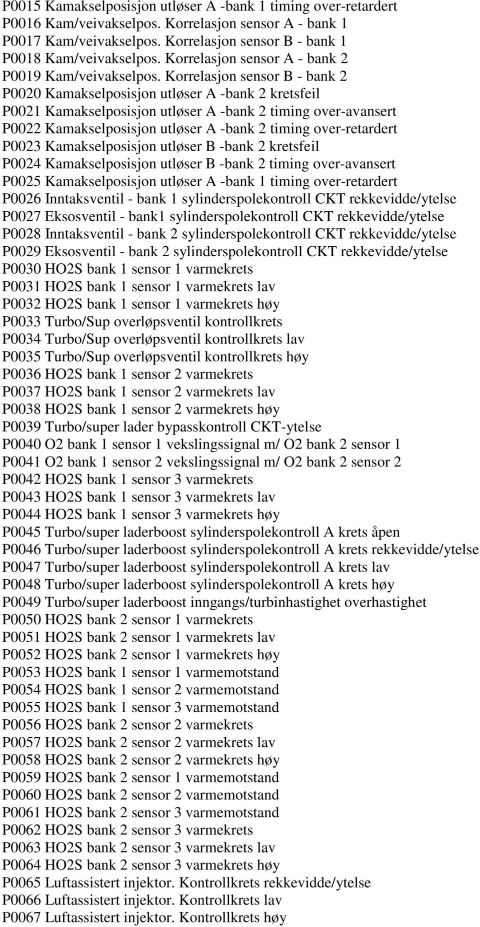 Korrelasjon sensor B - bank 2 P0020 Kamakselposisjon utløser A -bank 2 kretsfeil P0021 Kamakselposisjon utløser A -bank 2 timing over-avansert P0022 Kamakselposisjon utløser A -bank 2 timing