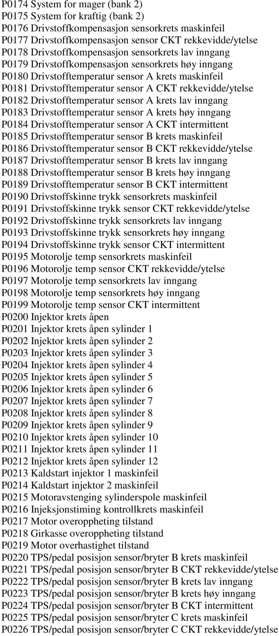 rekkevidde/ytelse P0182 Drivstofftemperatur sensor A krets lav inngang P0183 Drivstofftemperatur sensor A krets høy inngang P0184 Drivstofftemperatur sensor A CKT intermittent P0185