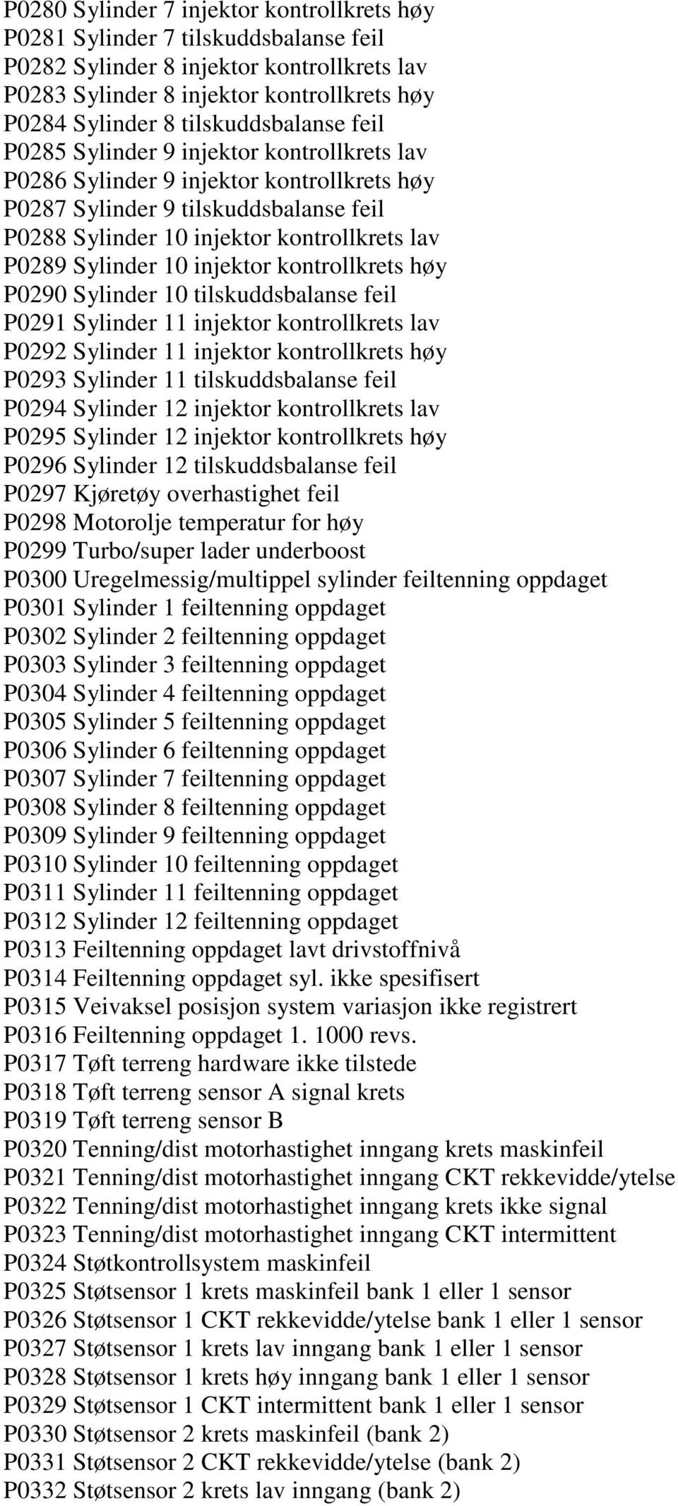 Sylinder 10 injektor kontrollkrets høy P0290 Sylinder 10 tilskuddsbalanse feil P0291 Sylinder 11 injektor kontrollkrets lav P0292 Sylinder 11 injektor kontrollkrets høy P0293 Sylinder 11