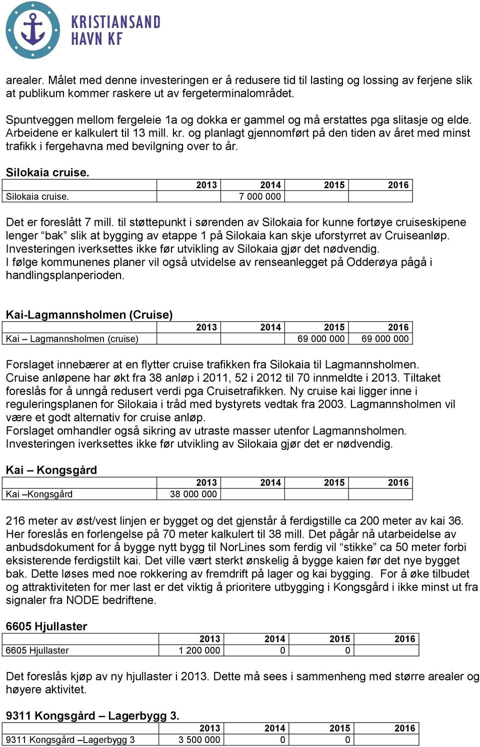 og planlagt gjennomført på den tiden av året med minst trafikk i fergehavna med bevilgning over to år. Silokaia cruise. Silokaia cruise. 7 000 000 Det er foreslått 7 mill.