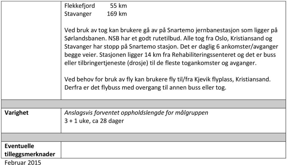 Stasjonen ligger 14 km fra Rehabiliteringssenteret og det er buss eller tilbringertjeneste (drosje) til de fleste togankomster og avganger.