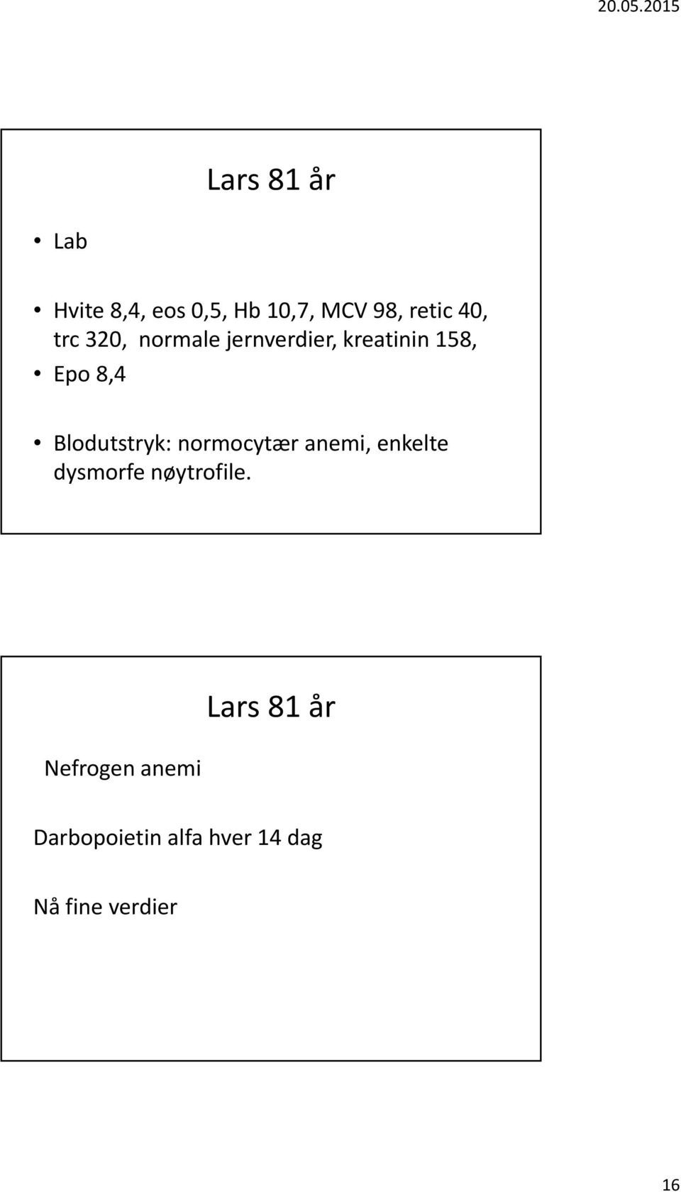 Blodutstryk: normocytær anemi, enkelte dysmorfe nøytrofile.
