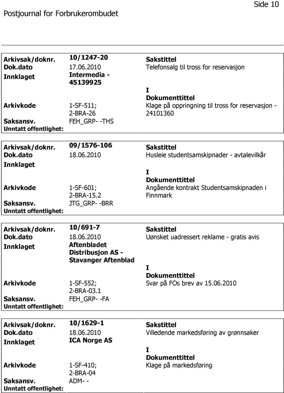 09/1576-106 Sakstittel Dok.dato 18.06.2010 Husleie studentsamskipnader - avtalevilkår nnklaget 1-SF-601; 2-BRA-15.2 JTG_GRP- -BRR Angående kontrakt Studentsamskipnaden i Finnmark Arkivsak/doknr.