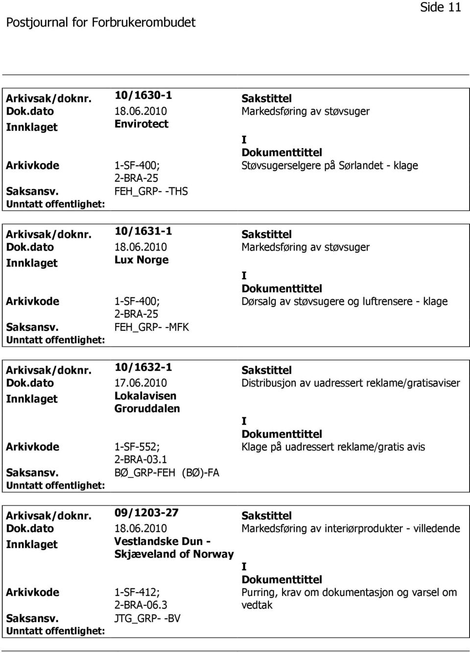 dato 17.06.2010 Distribusjon av uadressert reklame/gratisaviser nnklaget Lokalavisen Groruddalen 1-SF-552; 2-BRA-03.1 Klage på uadressert reklame/gratis avis BØ_GRP-FEH (BØ)-FA Arkivsak/doknr.