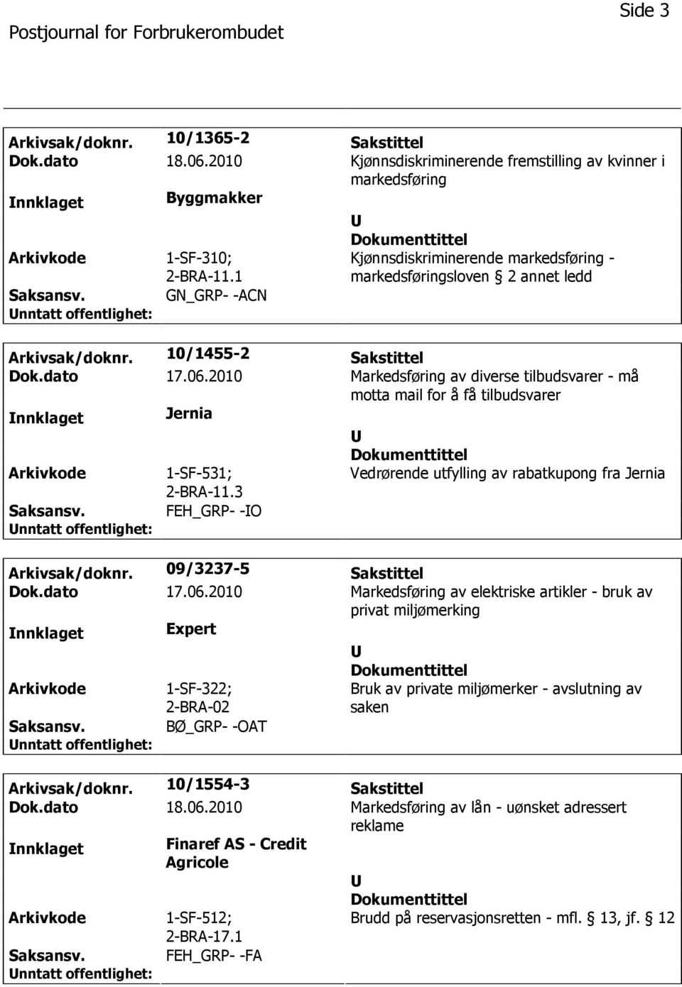 2010 Markedsføring av diverse tilbudsvarer - må motta mail for å få tilbudsvarer nnklaget Jernia 1-SF-531; 2-BRA-11.3 Vedrørende utfylling av rabatkupong fra Jernia FEH_GRP- -O Arkivsak/doknr.