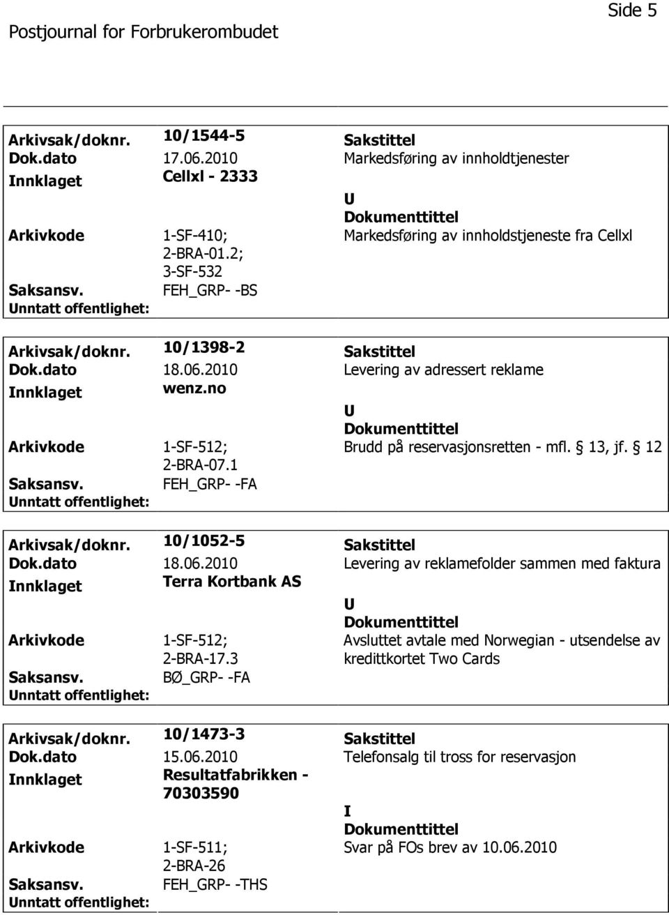 1 Brudd på reservasjonsretten - mfl. 13, jf. 12 FEH_GRP- -FA Arkivsak/doknr. 10/1052-5 Sakstittel Dok.dato 18.06.