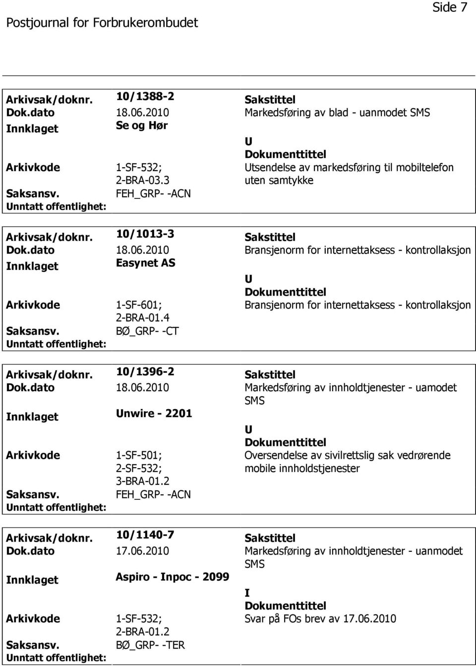 2010 Bransjenorm for internettaksess - kontrollaksjon nnklaget Easynet AS 1-SF-601; 2-BRA-01.4 Bransjenorm for internettaksess - kontrollaksjon BØ_GRP- -CT Arkivsak/doknr. 10/1396-2 Sakstittel Dok.