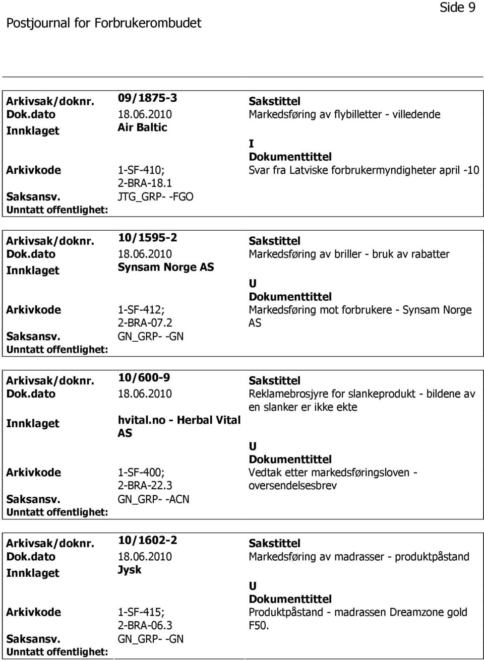 2010 Markedsføring av briller - bruk av rabatter nnklaget Synsam Norge AS 1-SF-412; 2-BRA-07.2 Markedsføring mot forbrukere - Synsam Norge AS GN_GRP- -GN Arkivsak/doknr. 10/600-9 Sakstittel Dok.