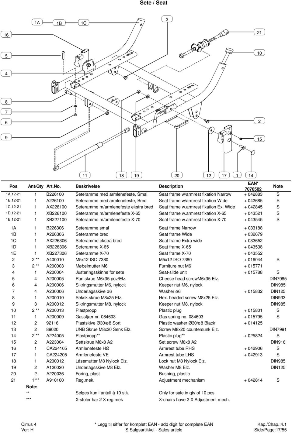 armrest fixation X-6 + 01 S 1E,1-1 1 XB7100 Seteramme m/armlenefeste X-70 Seat frame w.