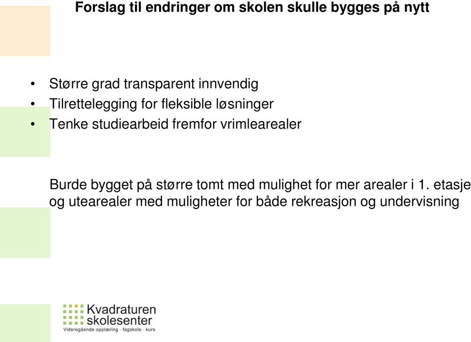 studiearbeid fremfor vrimlearealer Burde bygget på større tomt med mulighet