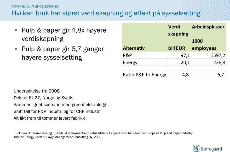 EU27, Norge og Sveits Sammenlignet scenario med greenfield anlegg Snitt tall for P&P industri og for CHP industri Alt likt frem til tømmer levert fabrikk J. Jokinen, A.