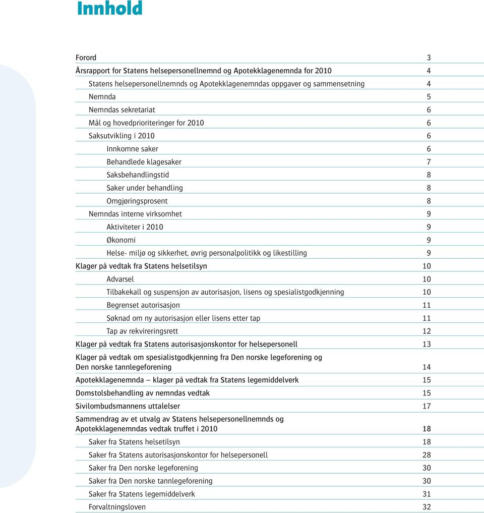 Aktiviteter i 2010 9 Økonomi 9 Helse- miljø og sikkerhet, øvrig personalpolitikk og likestilling 9 Klager på vedtak fra Statens helsetilsyn 10 Advarsel 10 Tilbakekall og suspensjon av autorisasjon,