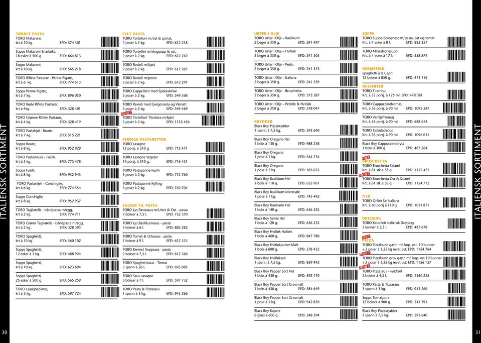EPD: 664 813 TORO Tortellini m/skogsopp & ost, 2 poser à 2 kg. EPD: 612 242 TORO Urter i Olje Hvitløk 2 beger à 350 g. EPD: 241 505 TORO Minestronesupp Krt. à 4 esker à 17 l.