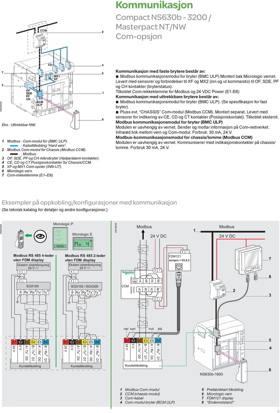 6 Micrologic vern. 7 Com-rekkeklemme (E1 E6). Kommunikasjon med faste brytere består av: bbmodbus kommunikasjonsmodul for bryter (BMC ULP) Montert bak Micrologic vernet.