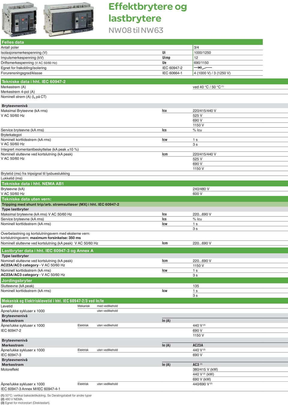 IEC 60947-2 Merkestrøm (A) ved 40 C / 50 C (1) Merkestrøm 4-pol (A) Nominell strøm (A) (I N på CT) Bryteevnenivå Maksimal Bryteevne (ka rms) Icu 220/415/440 V V AC 50/60 Hz 525 V 690 V 1150 V Service