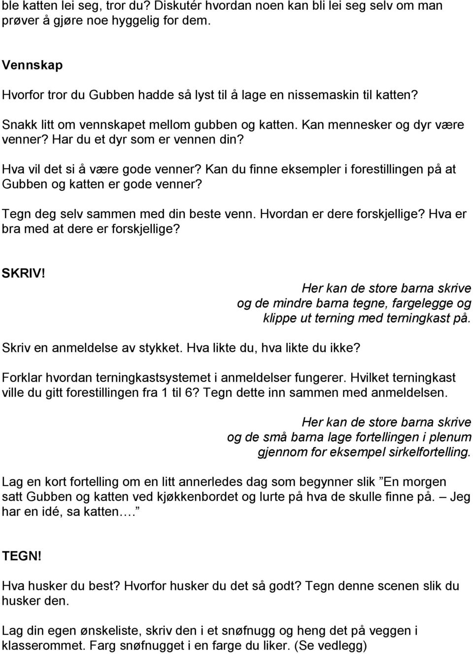 Kan du finne eksempler i forestillingen på at Gubben og katten er gode venner? Tegn deg selv sammen med din beste venn. Hvordan er dere forskjellige? Hva er bra med at dere er forskjellige? SKRIV!