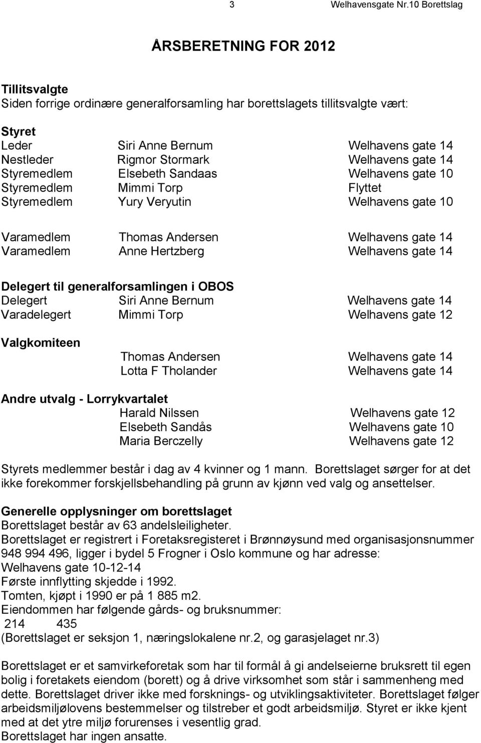 Stormark Welhavens gate 14 Styremedlem Elsebeth Sandaas Welhavens gate 10 Styremedlem Mimmi Torp Flyttet Styremedlem Yury Veryutin Welhavens gate 10 Varamedlem Thomas Andersen Welhavens gate 14