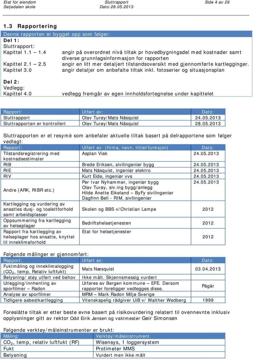 5 angir en litt mer detaljert tilstandsoversikt med gjennomførte kartlegginger. Kapittel 3.0 angir detaljer om anbefalte tiltak inkl. fotoserier og situasjonsplan Del 2: Vedlegg: Kapittel 4.