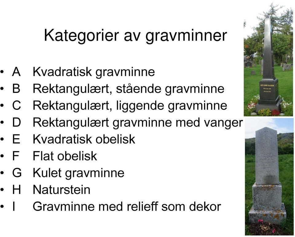 gravminne Rektangulært gravminne med vanger Kvadratisk obelisk