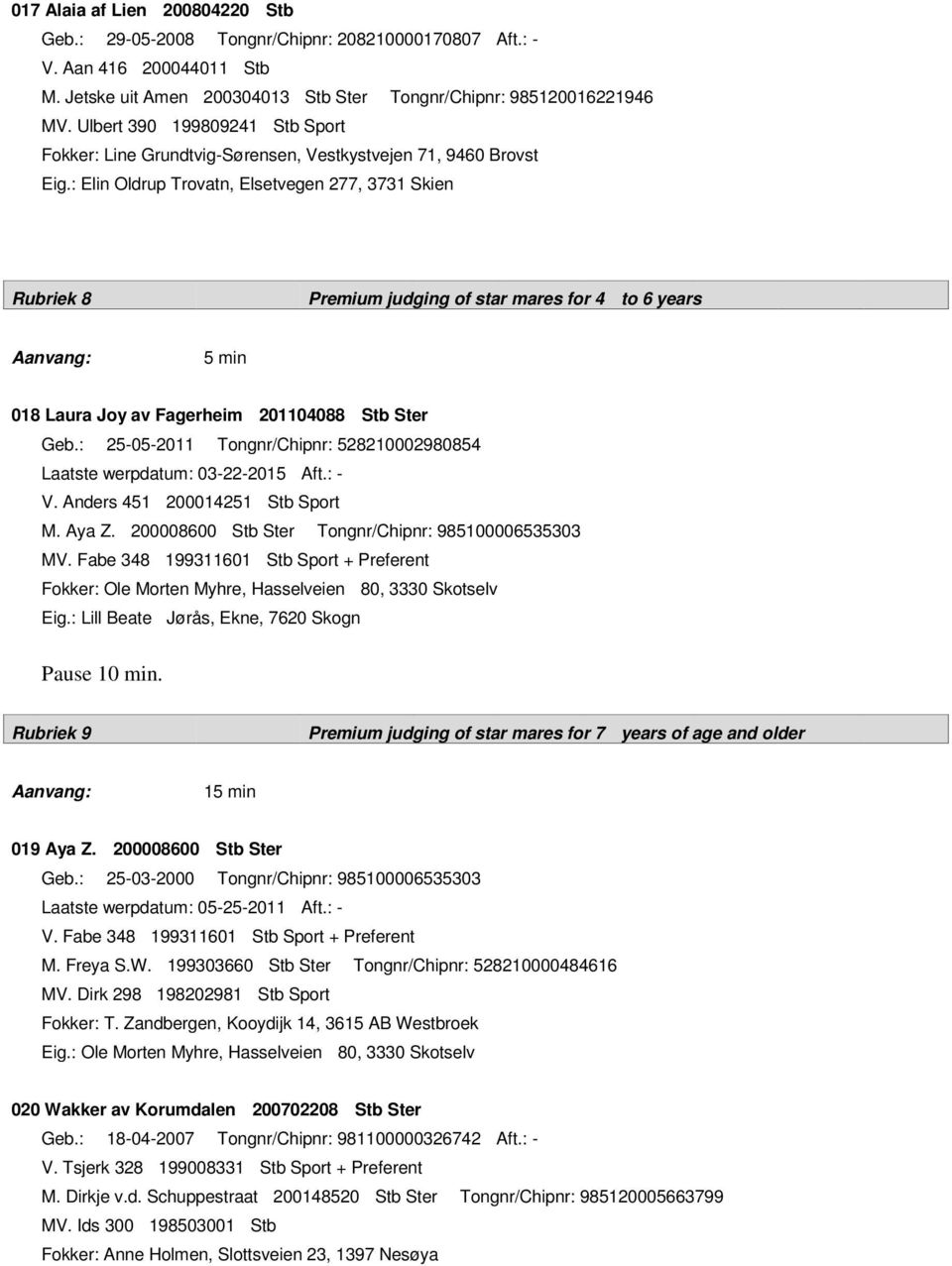 : Elin Oldrup Trovatn, Elsetvegen 277, 3731 Skien Rubriek 8 Premium judging of star mares for 4 to 6 years 5 min 018 Laura Joy av Fagerheim 201104088 Stb Ster Geb.