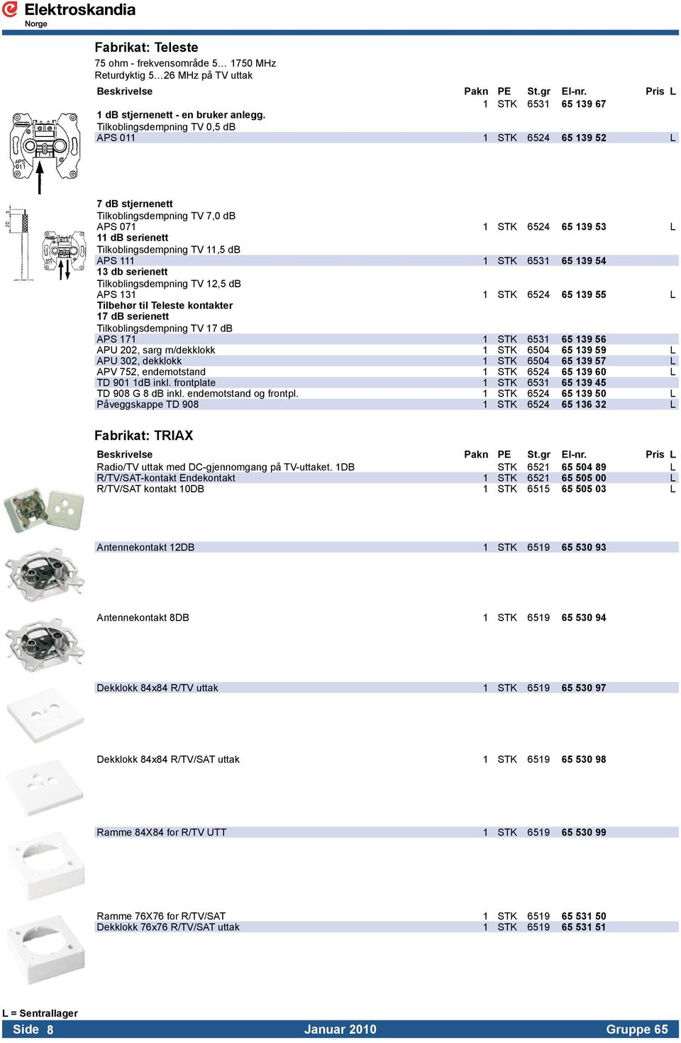 6531 65 139 54 13 db serienett Tilkoblingsdempning TV 12,5 db APS 131 1 STK 6524 65 139 55 L Tilbehør til Teleste kontakter 17 db serienett Tilkoblingsdempning TV 17 db APS 171 1 STK 6531 65 139 56