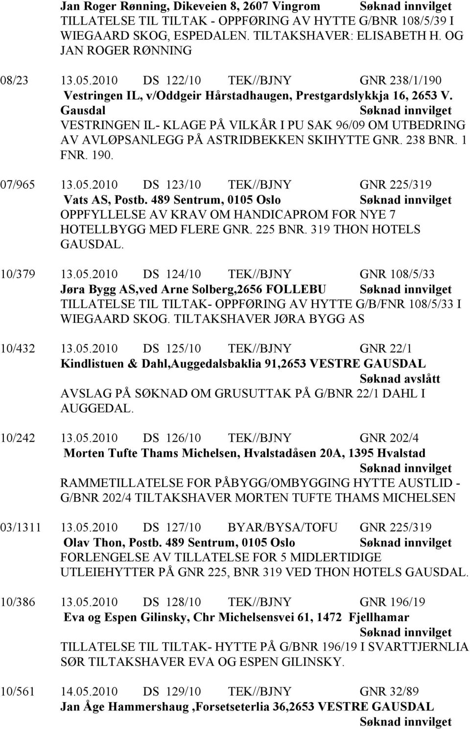 Gausdal VESTRINGEN IL- KLAGE PÅ VILKÅR I PU SAK 96/09 OM UTBEDRING AV AVLØPSANLEGG PÅ ASTRIDBEKKEN SKIHYTTE GNR. 238 BNR. 1 FNR. 190. 07/965 13.05.2010 DS 123/10 TEK//BJNY GNR 225/319 Vats AS, Postb.