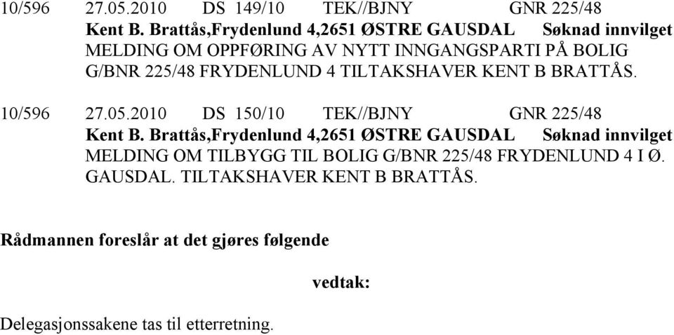 TILTAKSHAVER KENT B BRATTÅS. 10/596 27.05.2010 DS 150/10 TEK//BJNY GNR 225/48 Kent B.