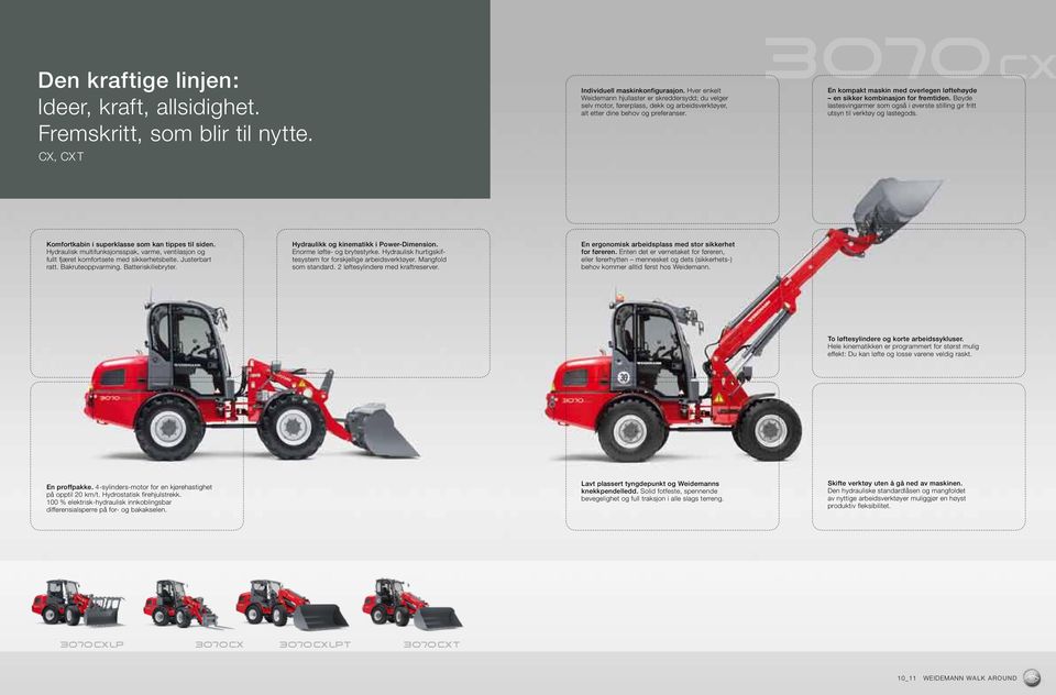 3070 CX En kompakt maskin med overlegen løftehøyde en sikker kombinasjon for fremtiden. Bøyde lastesvingarmer som også i øverste stilling gir fritt utsyn til verktøy og lastegods.