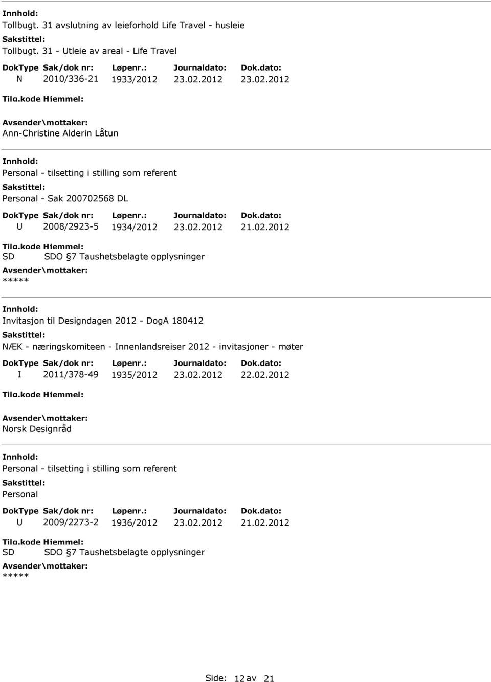 - Sak 200702568 DL 2008/2923-5 1934/2012 O 7 Taushetsbelagte opplysninger nvitasjon til Designdagen 2012 - DogA 180412 NÆK - næringskomiteen