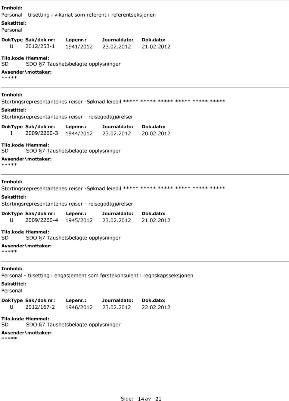 2012 O 7 Taushetsbelagte opplysninger Stortingsrepresentantenes reiser -Søknad leiebil Stortingsrepresentantenes reiser - reisegodtgjørelser 2009/2260-4