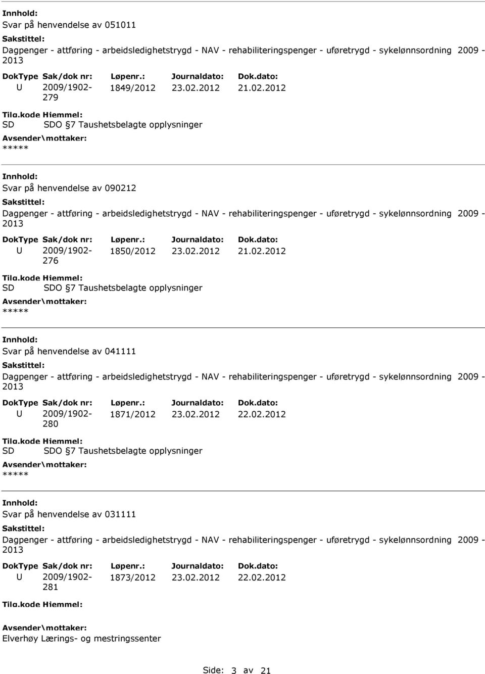 Taushetsbelagte opplysninger Svar på henvendelse av 041111 Dagpenger - attføring - arbeidsledighetstrygd - NAV - rehabiliteringspenger - uføretrygd - sykelønnsordning 2009-2013 2009/1902-280