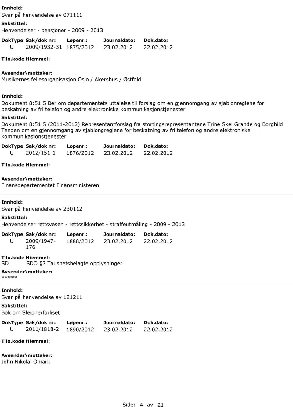 Trine Skei Grande og Borghild Tenden om en gjennomgang av sjablongreglene for beskatning av fri telefon og andre elektroniske kommunikasjonstjenester 2012/151-1 1876/2012 Finansdepartementet